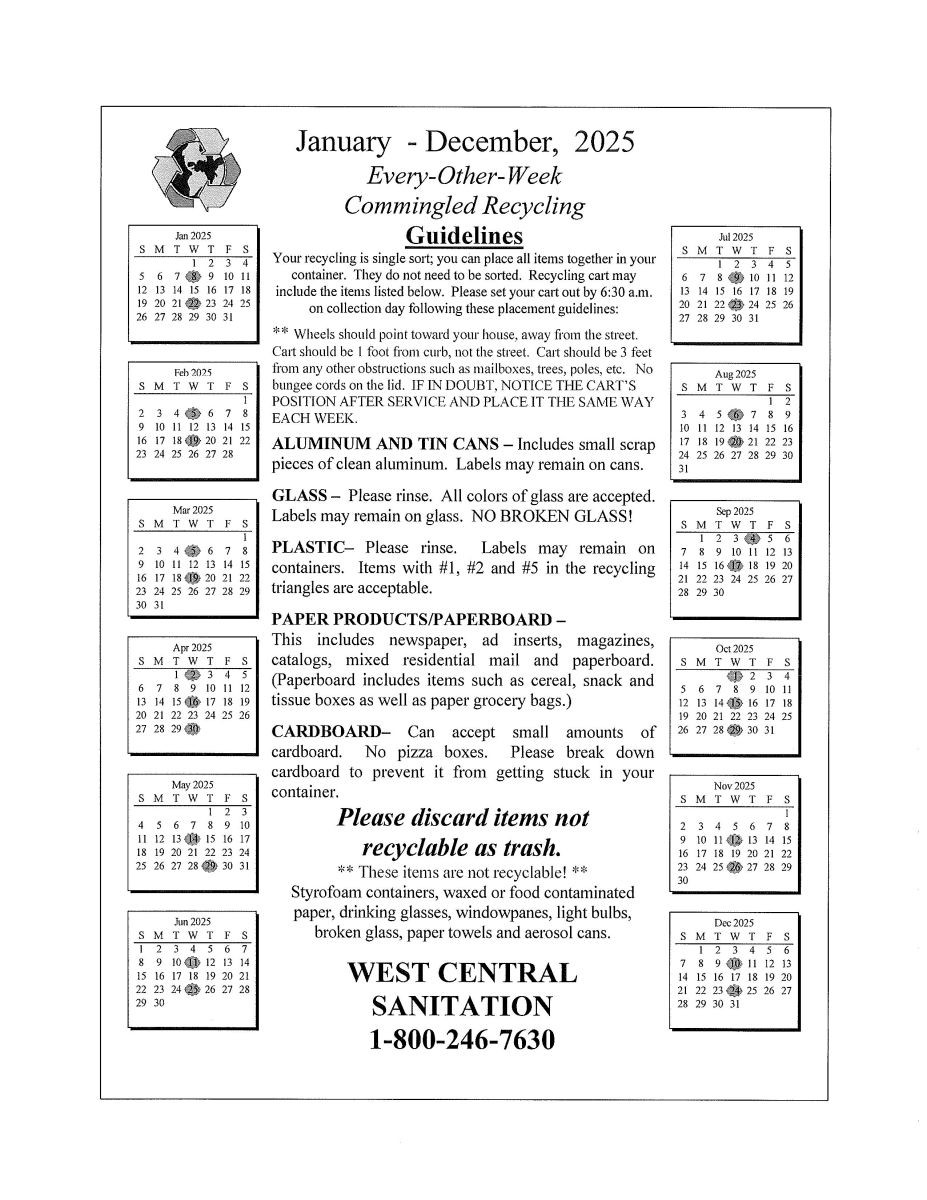 West Central Sanitation Calendar